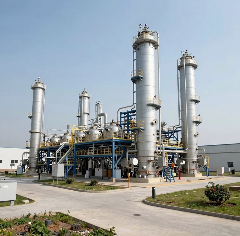 Wide architectural shot of a sprawling, clinical-white biomethane refinery under bright daylight, clean concrete pathways, sterile industrial towers, high-precision engineering.