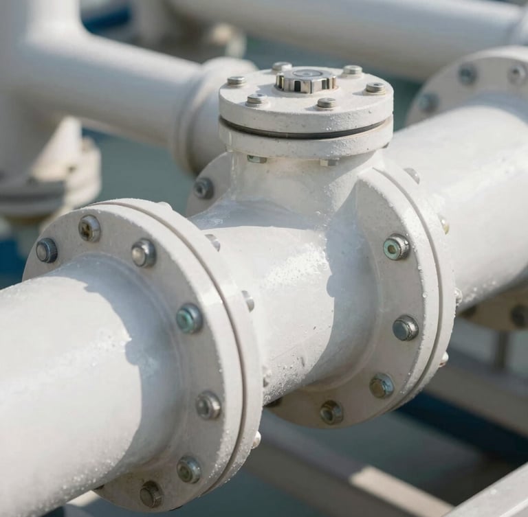 Macro architectural detail of a clinical carbon capture intake manifold, sterile white metal tubes, precise bolts, bright clinical daylight, crisp shadows