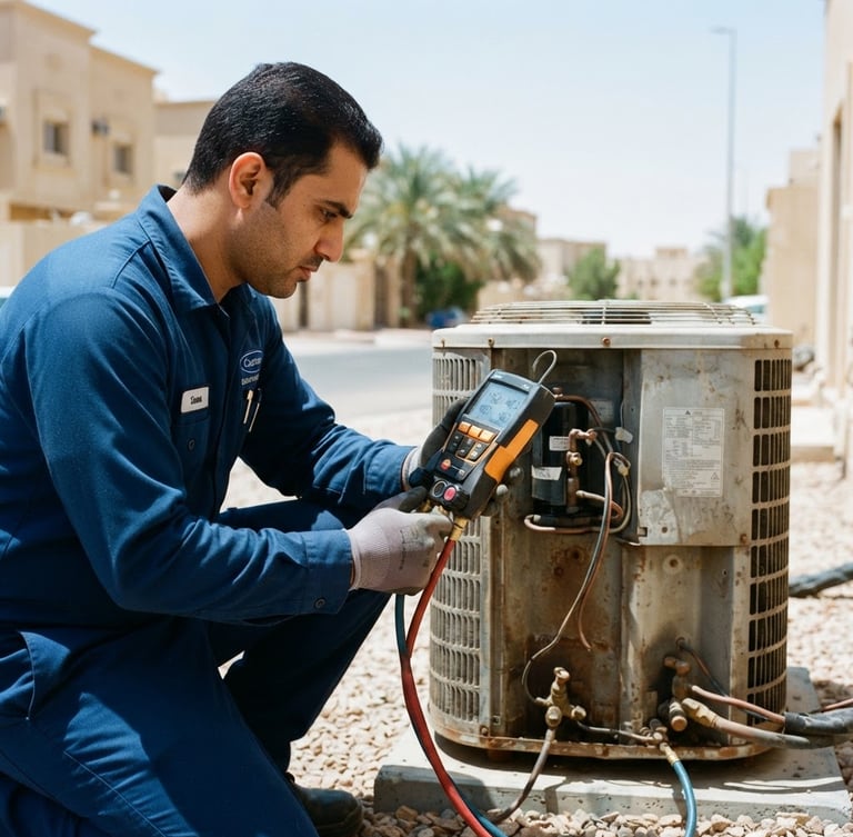 Close-up of a professional technician in a clean blue uniform using digital manifold gauges to check pressure on an outdoor AC compressor in bright Riyadh daylight, crisp 35mm photography.