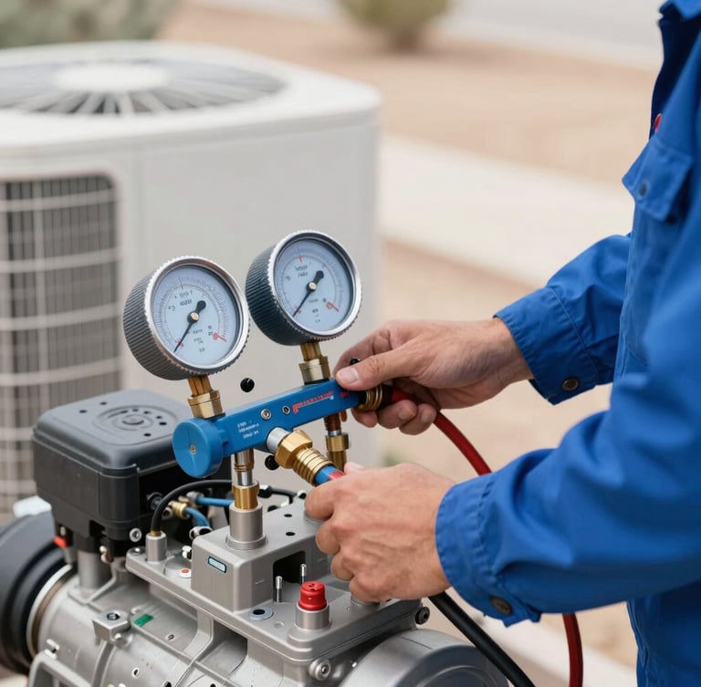 Close-up of a professional technician in a clean blue uniform using digital manifold gauges to test pressure on an outdoor HVAC compressor unit, bright natural daylight, sharp focus.