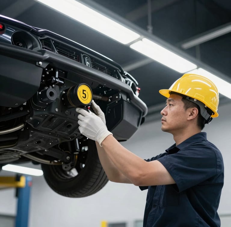 Technical inspector checking a chassis number under bright overhead LED lights in a clean modern garage bay, sharp industrial photography