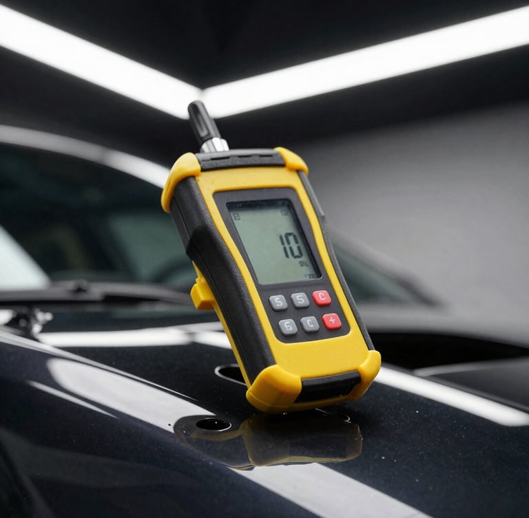 Macro detail shot of a digital paint thickness gauge on a black car panel, high contrast industrial lighting, yellow accent lines, sharp focus, 35mm lens