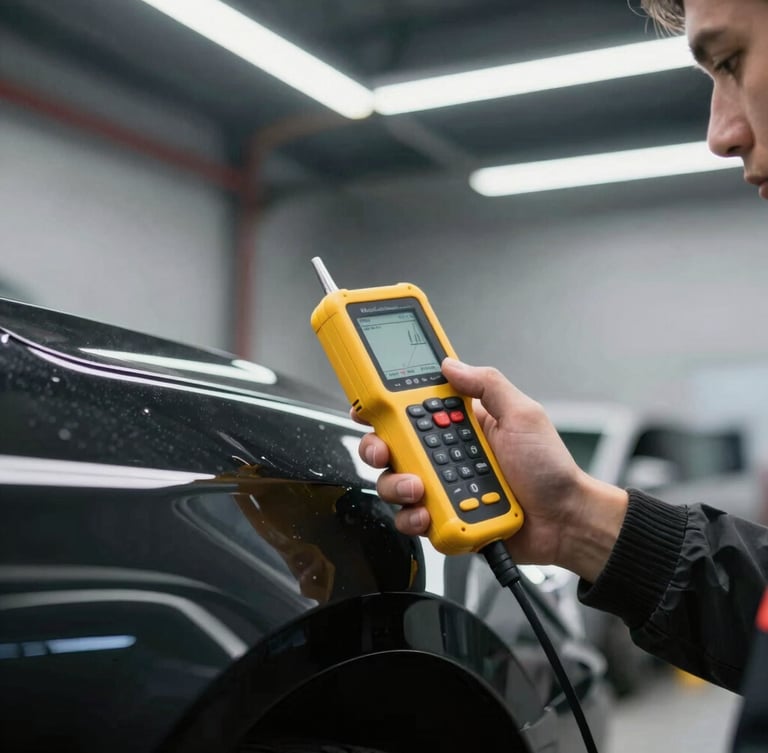 Close-up of a professional inspector using a digital paint thickness gauge on a black car panel, sharp industrial garage lighting.
