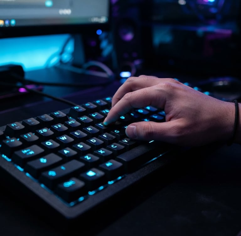 Macro close-up of a high-contrast dark keyboard with glowing neon blue legends, a hand typing a complex video generation prompt, shallow depth of field, cyber studio lighting.