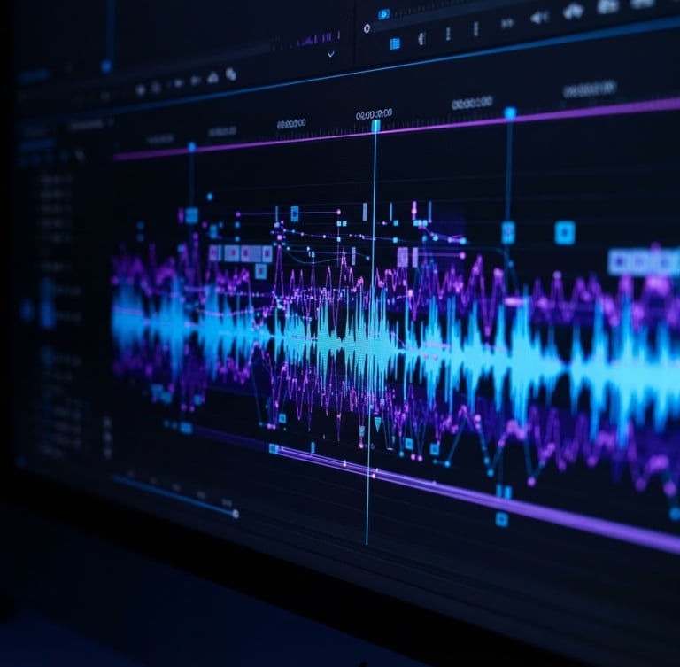Macro close-up of a dark editing bay screen displaying a rendering timeline with vibrant electric blue and cyber purple wave patterns, high contrast studio lighting, cyber tones