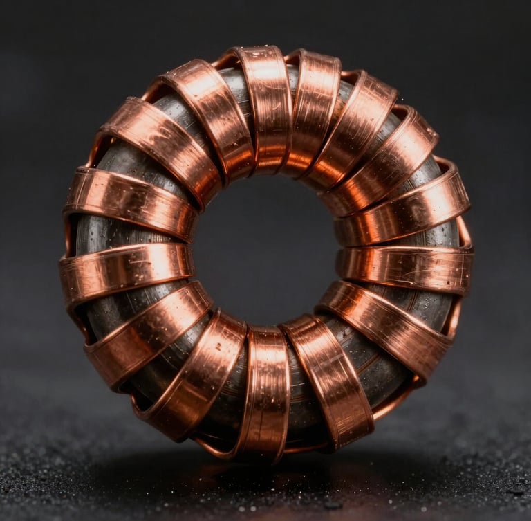 Macro close-up of copper voice coils wound tightly on a dark metallic bobbin, dramatic low-key industrial lighting with copper reflections, dark background.