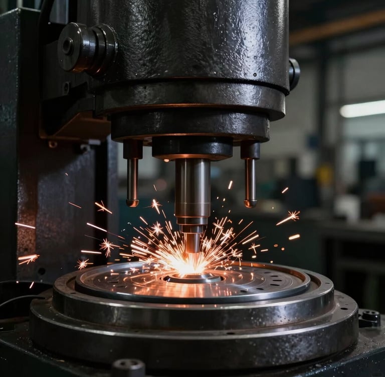 Close-up of a heavy-duty hydraulic press stamping a circular steel speaker plate, bright copper sparks flying, dark industrial factory background, high-contrast low-key lighting.