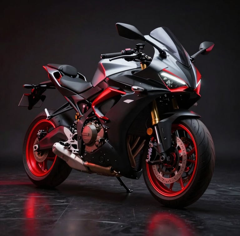 Sleek modern sport motorcycle on a dark reflective studio floor, dramatic red neon rim lighting, high contrast, ultra-detailed 85mm lens