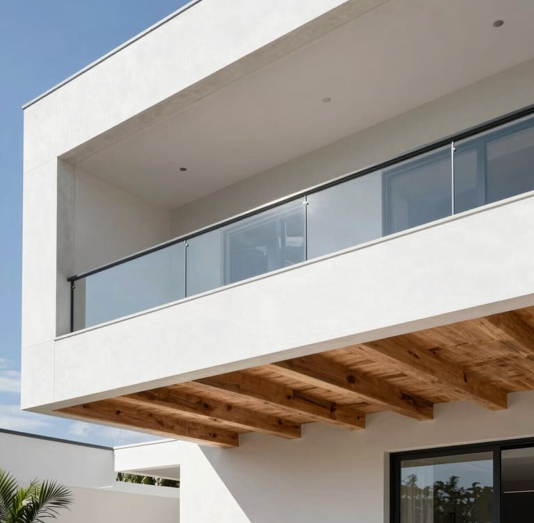 Sharp architectural photography of a modern home renovation, clean lines, exposed structural timber beams meeting smooth concrete, bright natural daylight, high contrast, 35mm