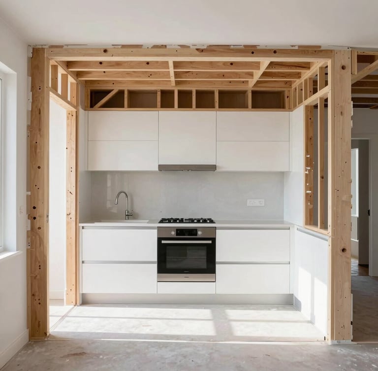 Straight-on architectural shot of a clean modern kitchen mid-remodel, exposed structural framing, bright natural daylight, high contrast, 35mm.