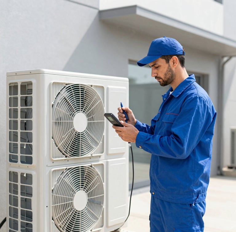 A professional Saudi HVAC technician in a clean blue uniform precisely testing a modern outdoor air conditioning unit with digital tools, bright daylight, sharp focus, architectural photography style