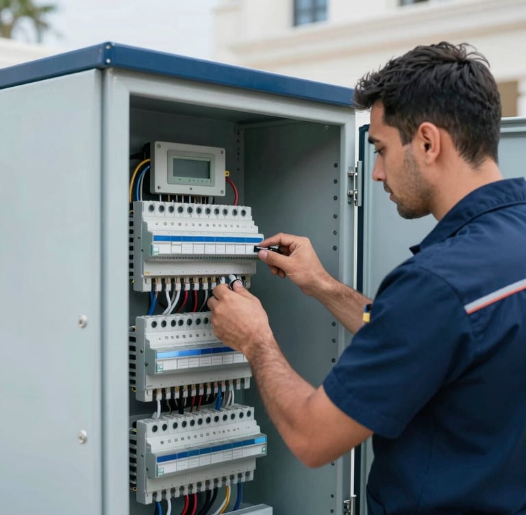 A close-up of a professional technician in a clean navy blue uniform inspecting a modern electrical control panel with precise wiring inside a luxury Saudi villa, bright cool daylight, sharp focus, 35mm