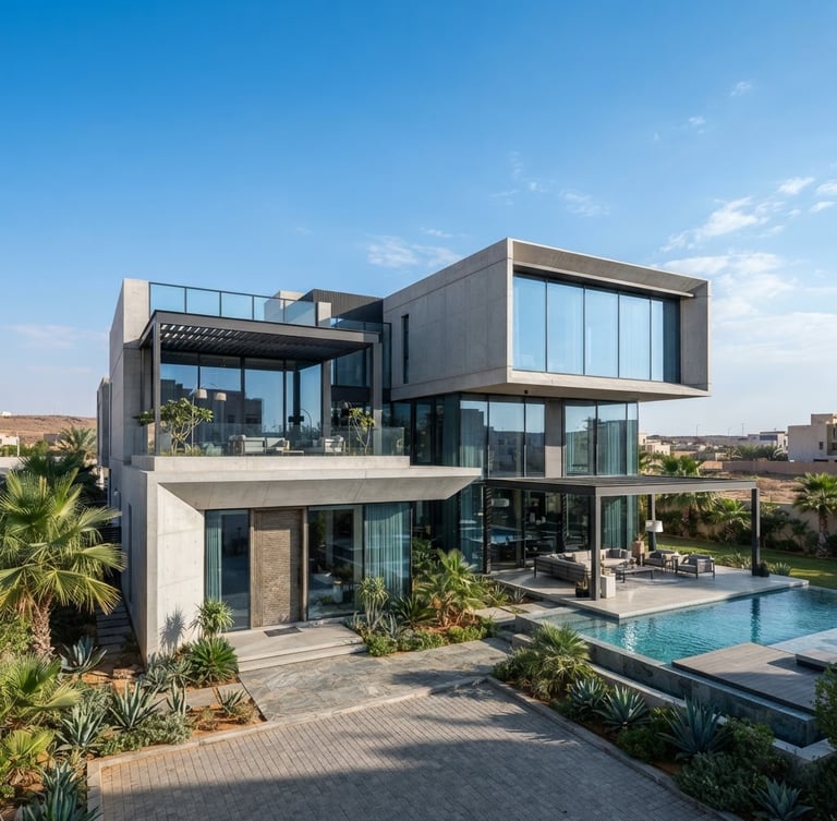 Wide angle architectural photography of a luxury modern villa in Riyadh, bright natural daylight, clean concrete and glass facade, sharp focus, cool blue sky, editorial style, 35mm