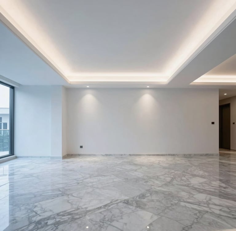 A beautifully finished modern villa interior with polished marble floors, clean painted walls, integrated LED lighting, professional architectural shot