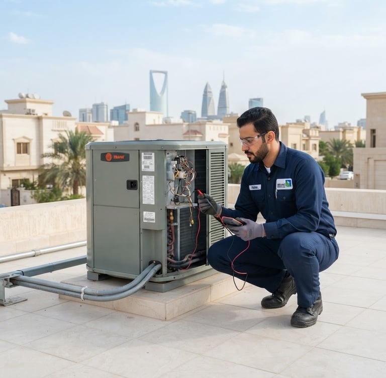 A professional Saudi technician in a clean navy uniform inspecting a modern HVAC system on a bright Riyadh villa rooftop, sharp focus, 35mm