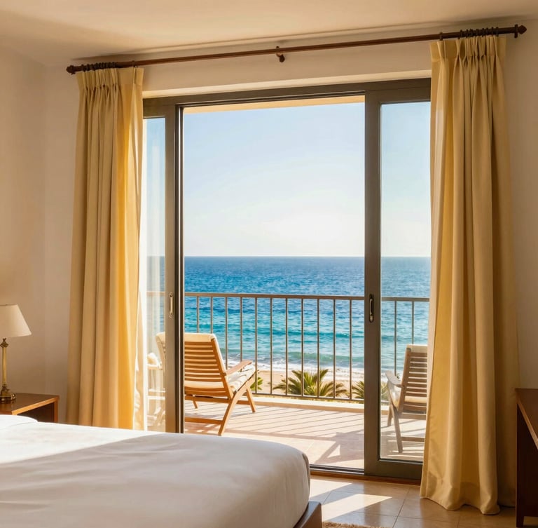 Bright coastal hotel room interior with open balcony facing the blue Mar Menor lagoon, warm golden morning light, 35mm lens