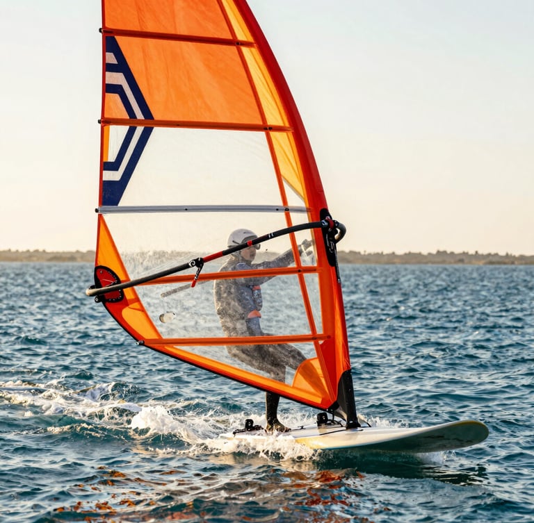 Bright Mediterranean photography, a close-up of a windsurfer gliding fast across the flat blue water of the Mar Menor lagoon, golden hour lighting, high contrast, 35mm lens.
