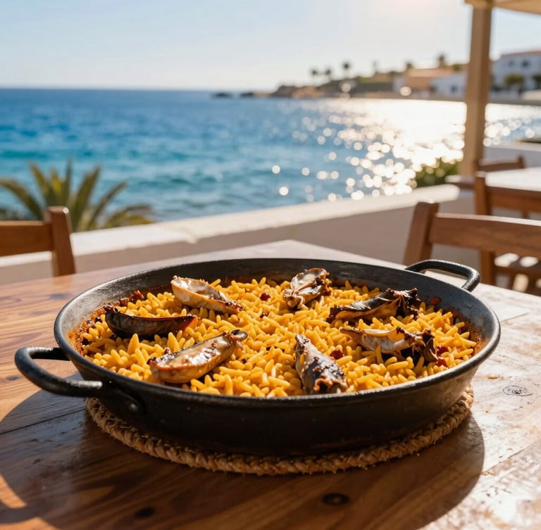 Bright Mediterranean photography of a traditional Spanish caldero rice dish served in a black iron pot on a wooden table, sun-drenched coastal terrace overlooking the blue Mar Menor lagoon, golden hour warmth, 35mm lens