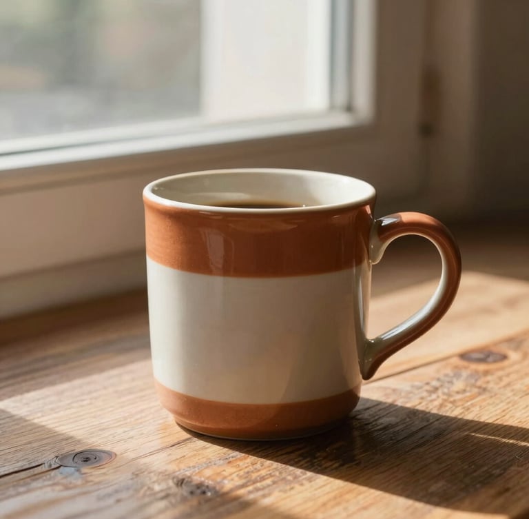 A close-up, sunlit photo of a ceramic coffee mug on a rustic wooden table next to a window, soft morning light, warm terracotta and cream tones.