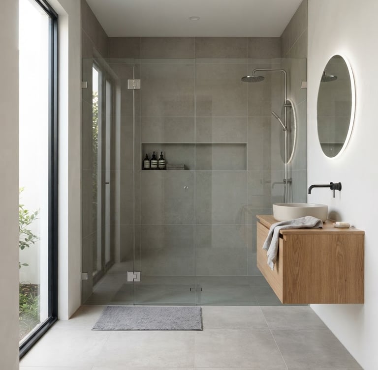 Straight-on architectural photograph of a modern minimalist bathroom featuring a frameless glass shower enclosure, crisp reflections, bright natural daylight, neutral tones, sharp focus, 35mm lens