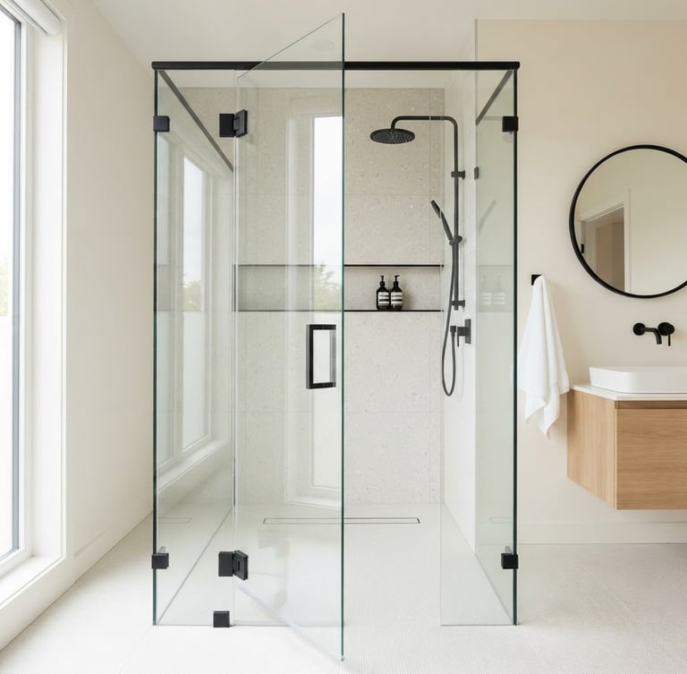 Straight-on architectural photography of a bright modern bathroom featuring a custom frameless glass shower enclosure with matte black hardware, natural daylight reflecting off the polished glass edge, sharp focus, 35mm lens