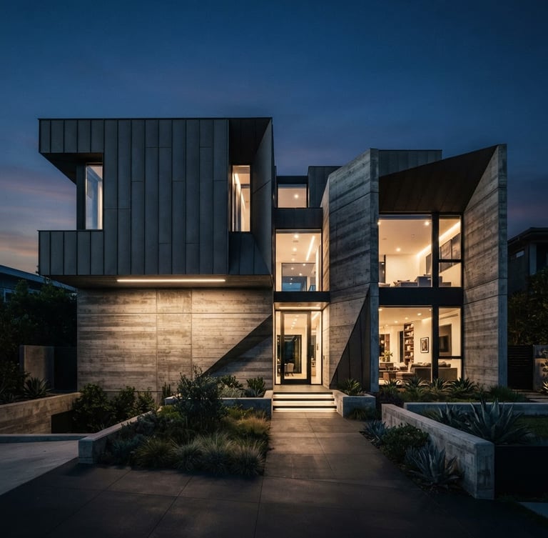 Sleek high-contrast architectural photography of a monolithic concrete and titanium residential facade at twilight, dramatic geometric shadows, sharp cool tones, wide-angle 35mm