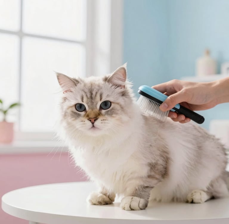 Close-up of a professional groomer gently brushing a calm long-haired cat on a clean home table, soft natural window light, pastel blue background, shallow depth of field