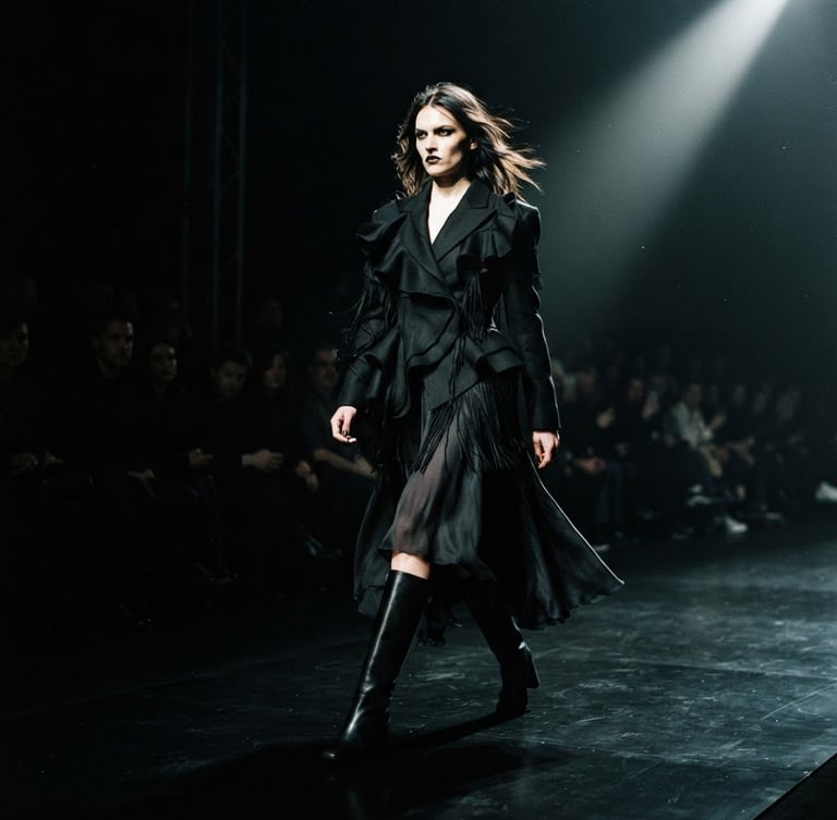 Dramatic high-contrast fashion photograph of a model in motion on a dark runway, sharp directional spotlight cutting through deep shadows, desaturated tones, cinematic 35mm grain.