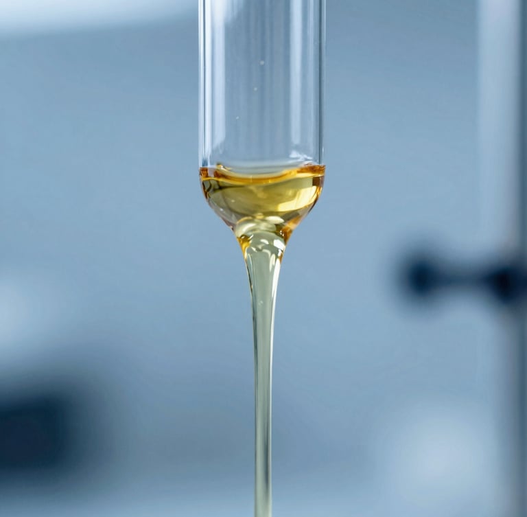 Macro close-up of pure golden viscous lipid fluid flowing through a glass tube, high contrast clean laboratory lighting, cool petroleum blue background.