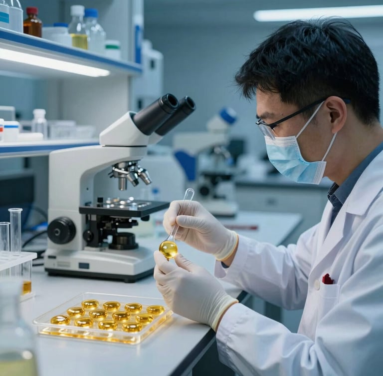 Laboratory technician analyzing golden lipid samples in a cleanroom, high-contrast professional scientific lighting, sharp focus