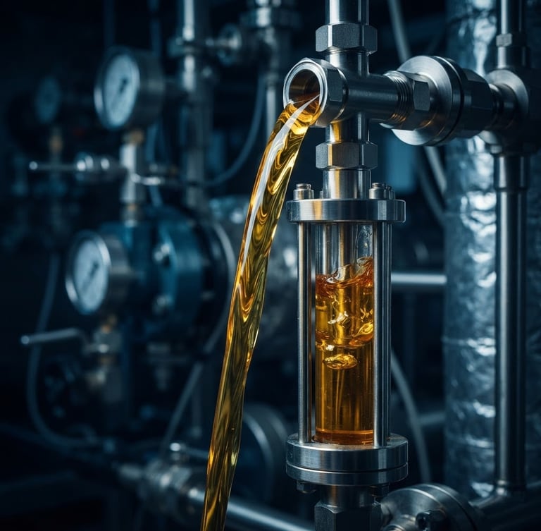 Macro close-up of golden viscous lipid fluid catching warm laboratory light, stainless steel refining tubes in a dark blue background, professional industrial photography