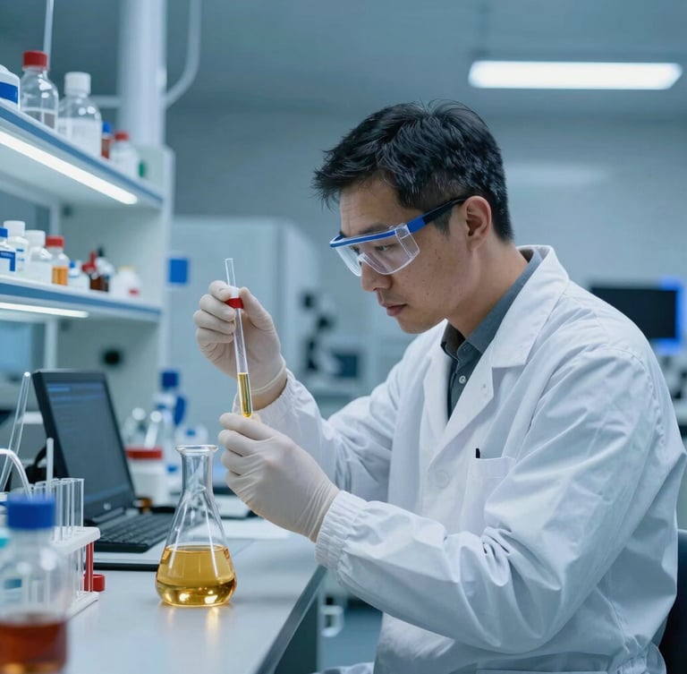 Professional chemical engineer in cleanroom attire inspecting a golden liquid sample inside a modern high-tech laboratory, cool blue ambient lighting, sharp focus, industrial science.