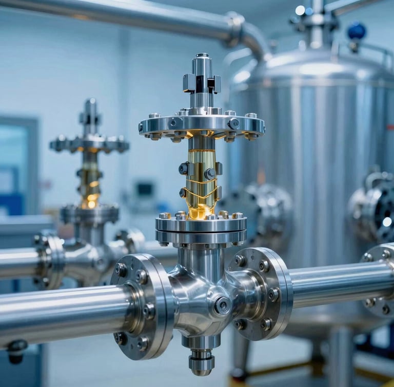 Close-up of modern stainless steel industrial biorefinery valves and pipes, cool blue lighting with warm golden liquid accents, professional photography