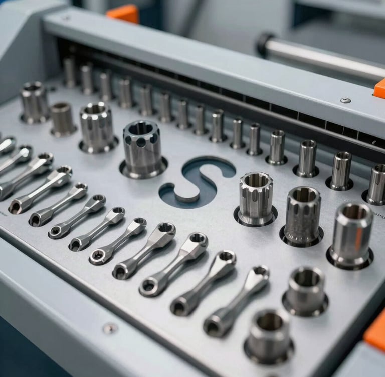 Close-up of a highly organized 5S tool board in a modern machine shop, clean metallic tools arranged in custom shadow cutouts, sharp industrial lighting with subtle safety orange accents.