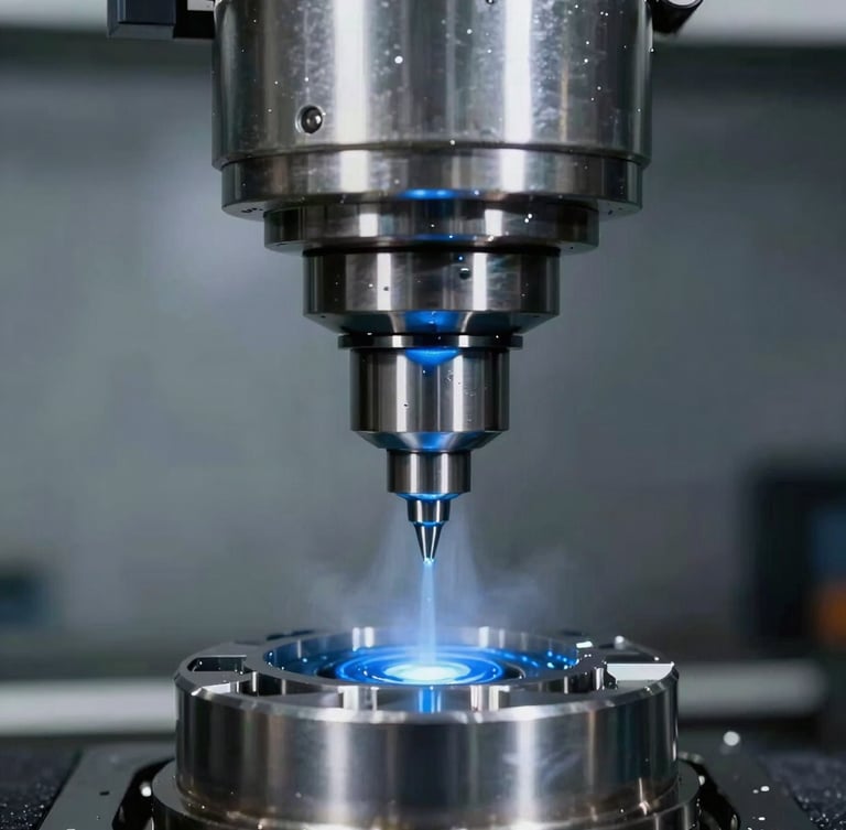 Close-up of a high-precision CNC milling machine spindle, cool blue coolant mist, sharp metallic reflections on a steel component, industrial 35mm photography