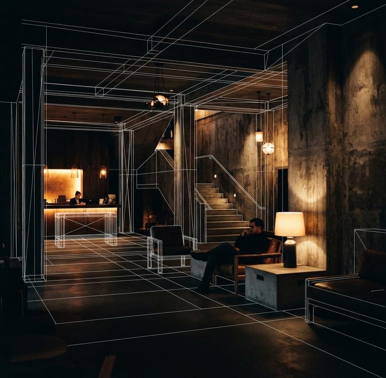 Moody architectural photography of a hotel lobby wireframe overlaying raw concrete, dramatic high-contrast shadows, warm amber light, grainy film texture, 35mm lens