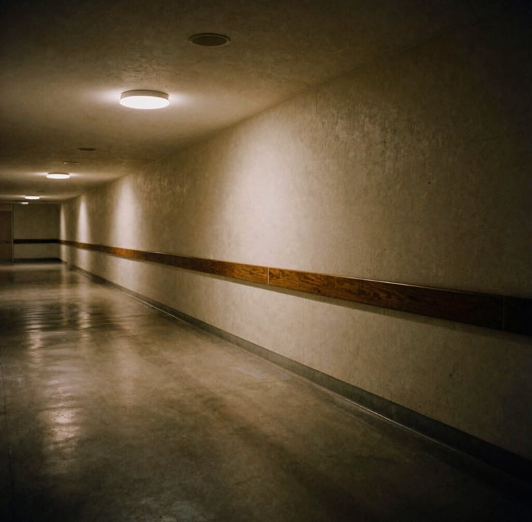 A long hospital corridor with soft indirect lighting reflecting off concrete floors, glare-free quiet illumination, moody architectural photography