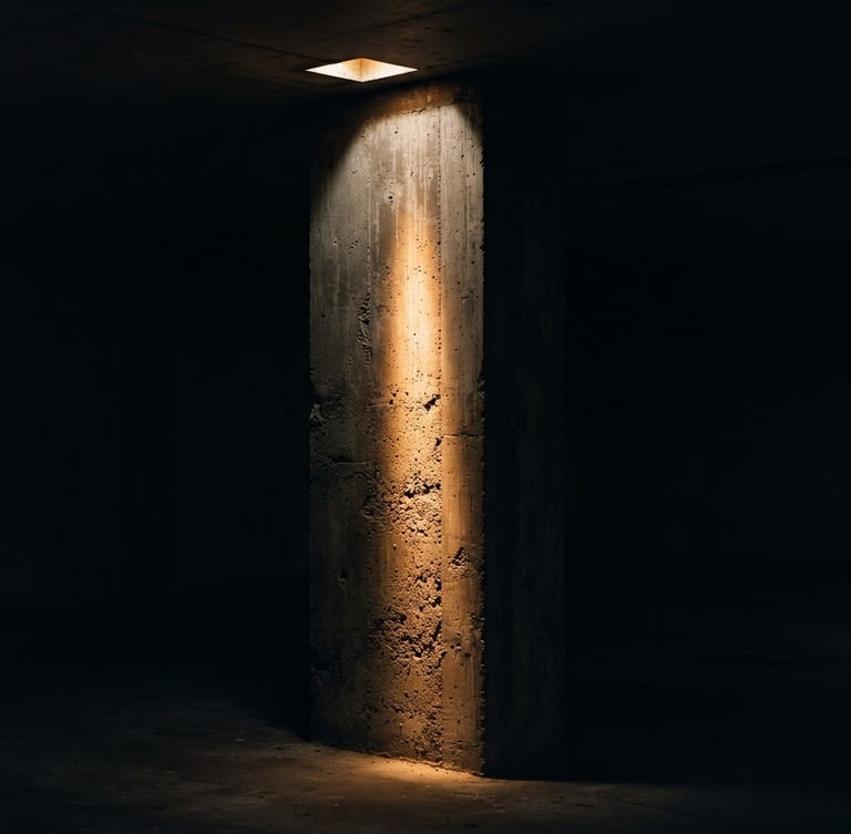A raw concrete column grazed by a sharp, narrow amber light beam from an unseen recessed fixture, dramatic high-contrast shadows, moody architectural photography.