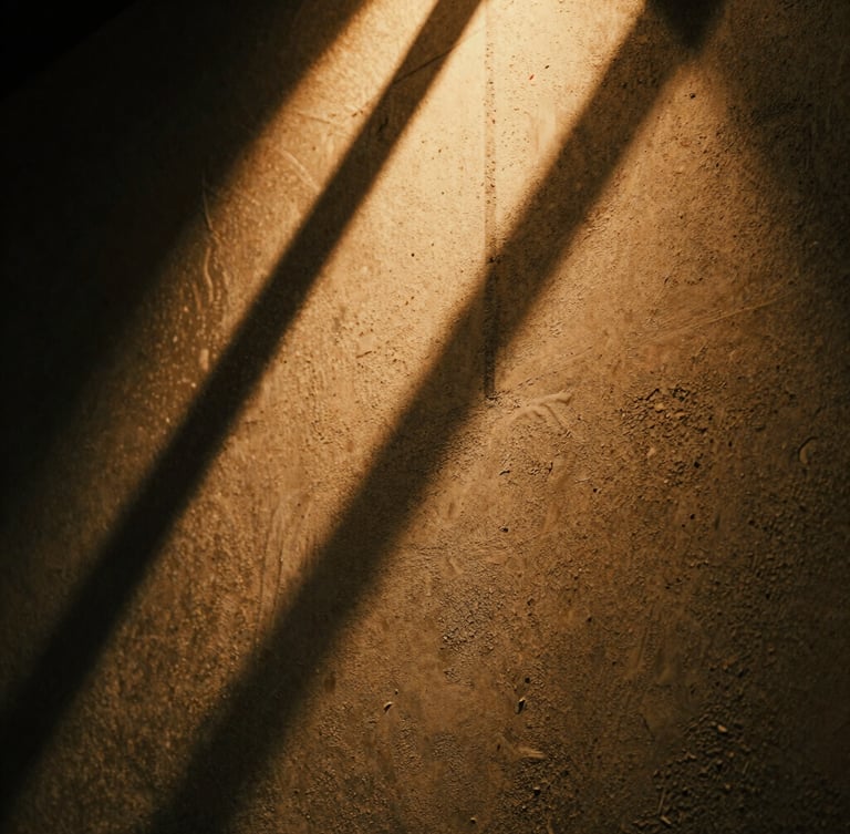 Extreme close-up of a warm light fixture casting dramatic shadows on raw textured concrete, grainy film texture, 35mm lens