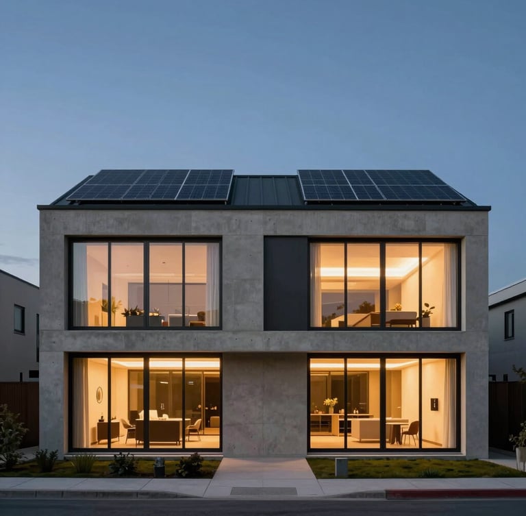 Symmetrical straight-on architectural dusk shot of a modern concrete and glass estate, low-profile solar roof tiles integrated flush with the matte charcoal roofline, warm interior lighting glowing through floor-to-ceiling glass, deep twilight sky.