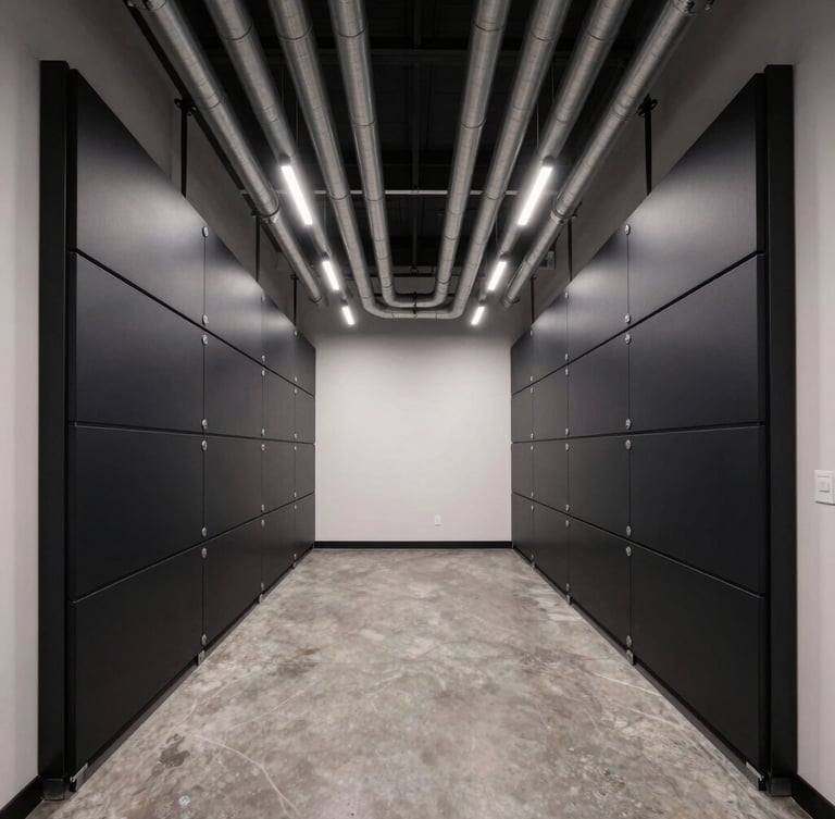 Symmetrical architectural shot of a modern luxury garage interior, featuring flawlessly aligned matte-black Tesla Powerwalls and perfectly parallel steel conduit runs under sharp, low-key lighting.