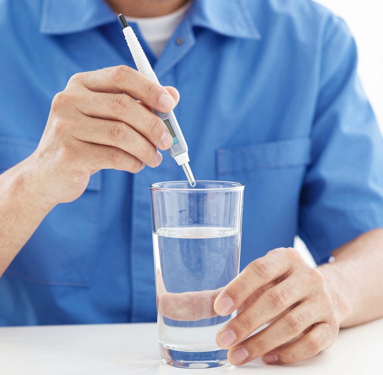 Close-up of a professional technician in a clean blue uniform using a digital TDS meter to test a clear glass of water, bright high-key lighting, sharp focus, 35mm