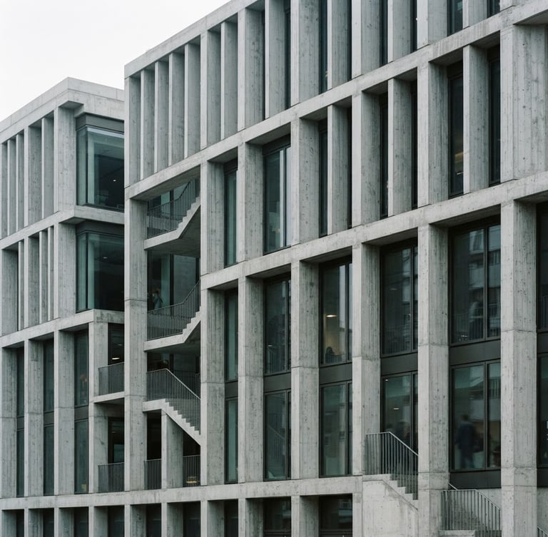 Architectural photography of a modern concrete building facade, clean structural lines, soft overcast daylight, cool desaturated tones, professional editorial style, 35mm