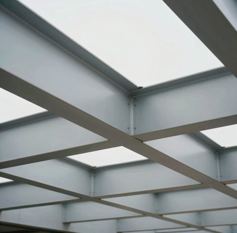 Detail of modern architectural steel beams and raw concrete structure, neutral corporate lighting, sharp focus, professional editorial style