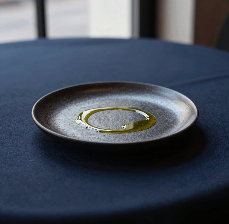 Elegant minimalist restaurant in Copenhagen, soft natural light, a single dark ceramic plate with a delicate drizzle of golden olive oil, deep navy tablecloth, high-end editorial style.
