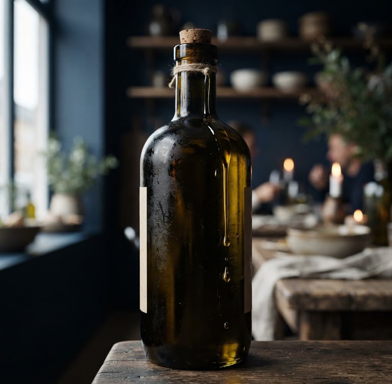 Portrait close-up of a dark glass bottle of olive oil, golden oil dripping down the side, soft natural side-light, elegant minimalist Scandinavian restaurant background.
