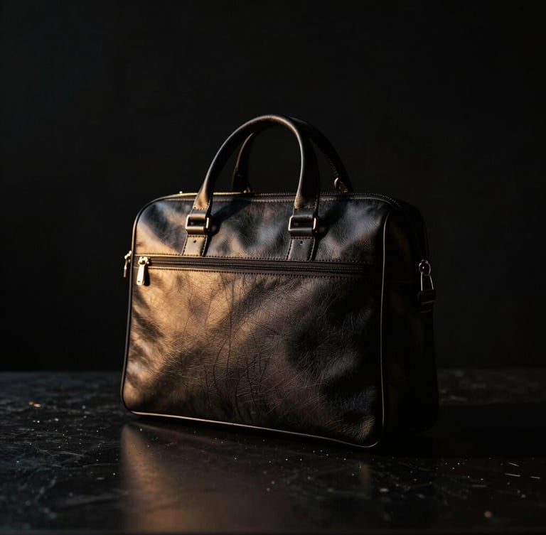 Dramatic low-key studio shot of a premium black corporate bag on a dark reflective surface, sharp golden side-lighting, high contrast, 35mm