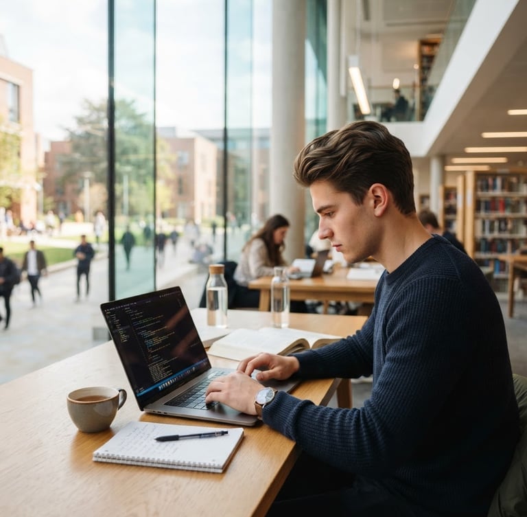 Sebastian in a modern university library, focused on a laptop, with campus architecture visible in the background, bright natural daylight, shallow depth of field