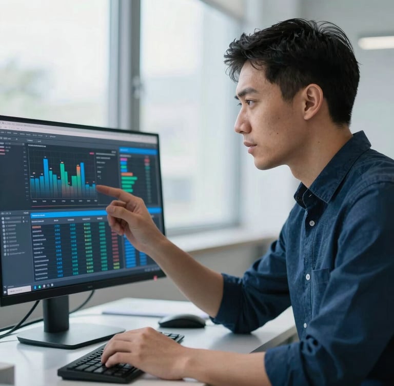 Candid environmental portrait of a technical lead analyzing complex data on a monitor, soft natural window light, deep blue tones, shallow depth of field.