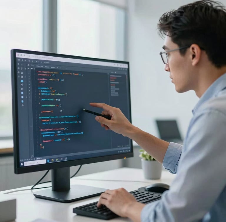A sharp, medium-close environmental shot of a technical lead analyzing complex code on a vertical monitor in a modern office, soft blue light casting clean reflections.